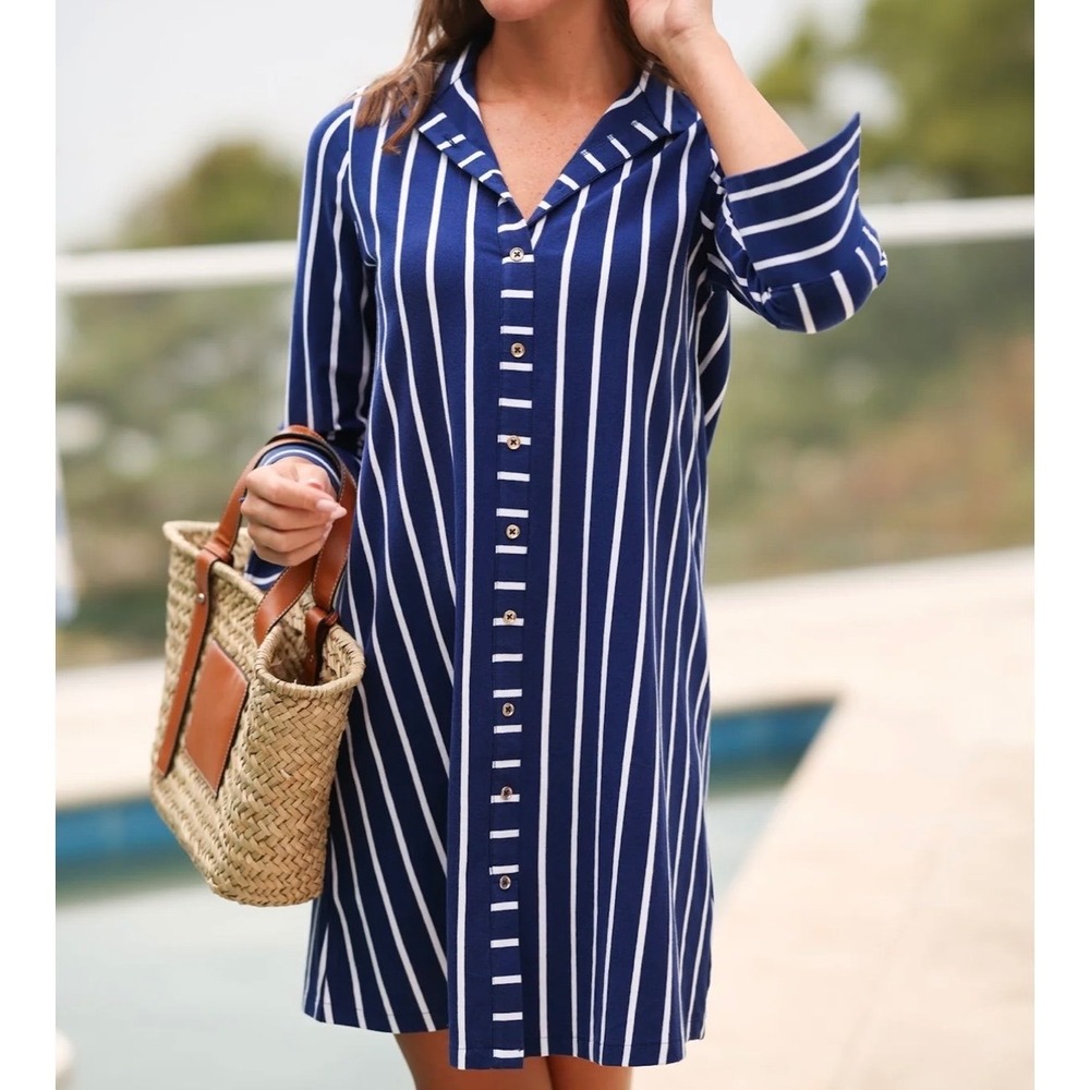 Duffield Lane Oaklee Dress NWT XL Navy White Stripe Shirtdress $198 New